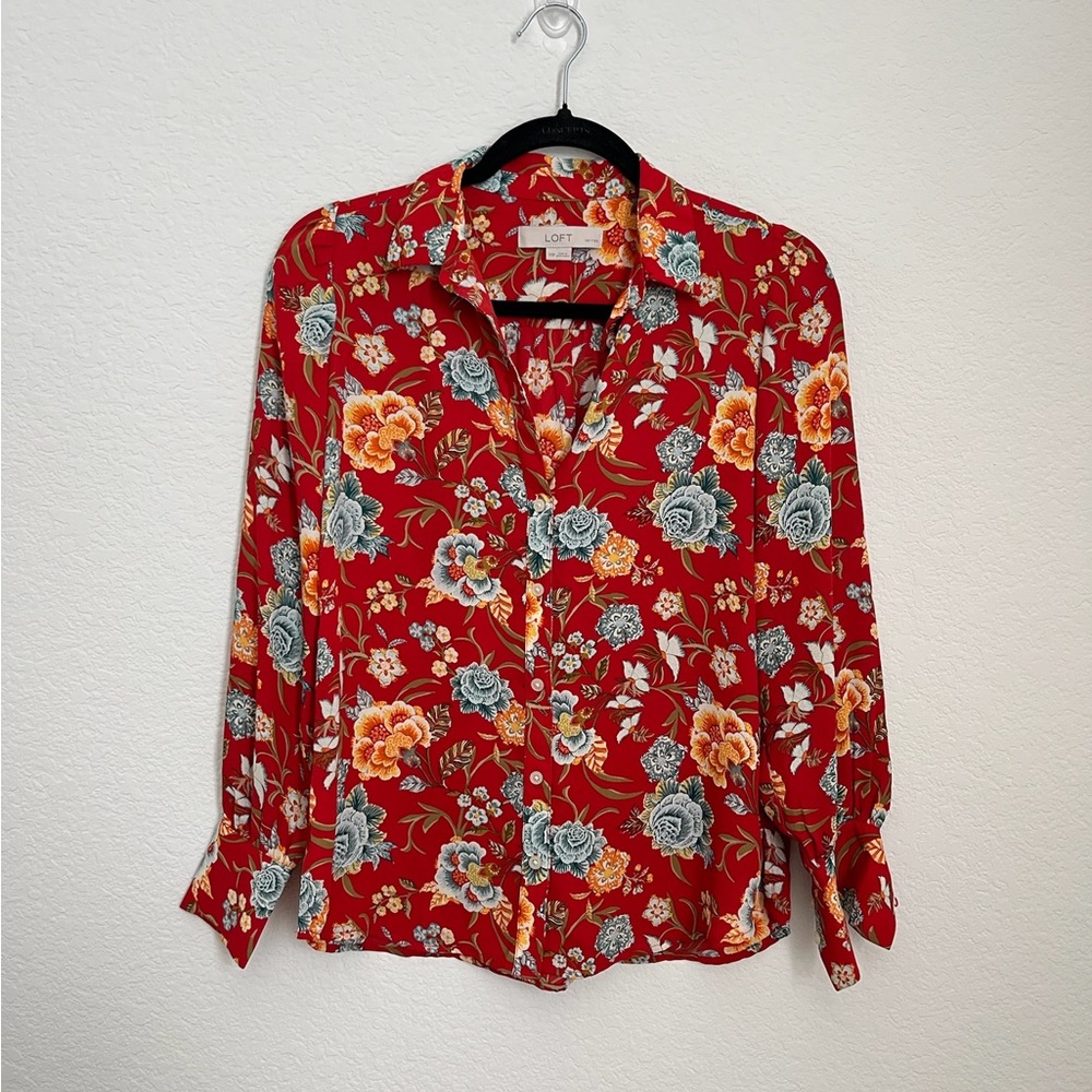 LOFT red & teal floral print blouse top shirt XXSP